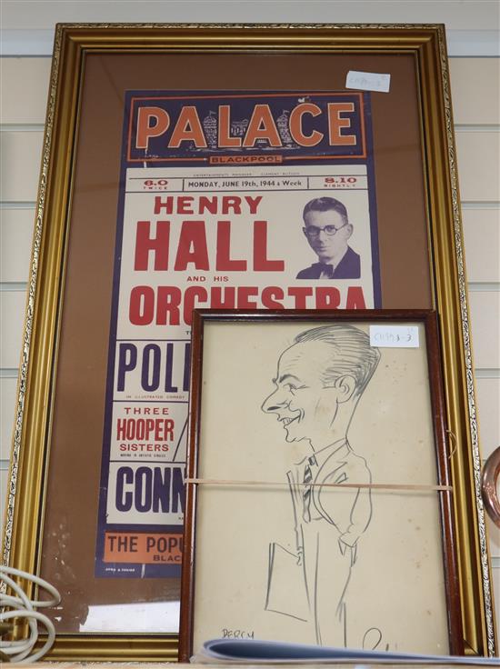 Percy Hutchinson, charcoal sketch, Poli, together with Palace, Blackpool theatre poster June 1944 with Poli as supporting act to He